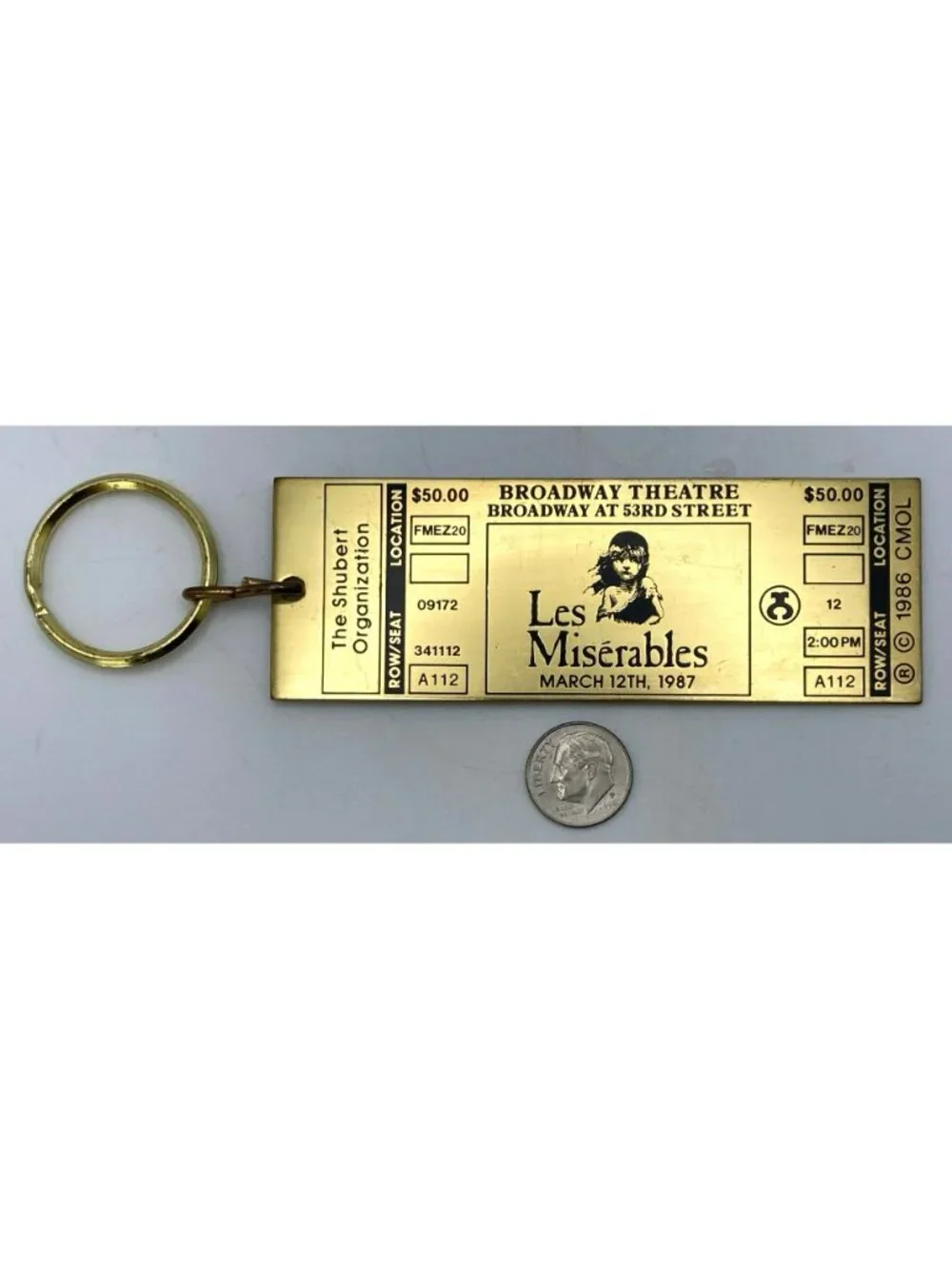 Vintage Les Miserables Les Mis 1987 Broadway Ticket Keychain Opening Night Brass